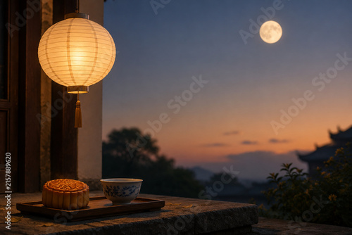 Paper lantern, mooncake and tea cup with full moon, Mid-Autumn Festival concept