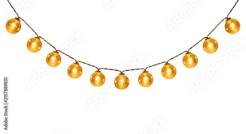 Festive golden string lights glowing in a garland arc isolated on a professional transparent background for holiday event decoration