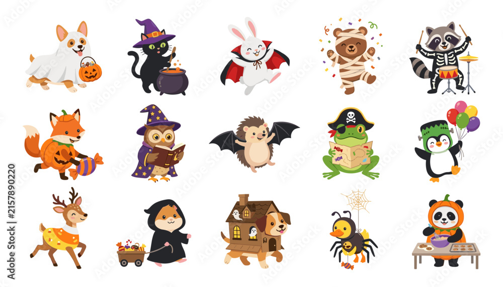 Obraz premium Cute Halloween Animals in Costumes Vector Set with Ghost Dog, Witch Cat, Vampire Bunny, Mummy, Pirate and Spooky Characters