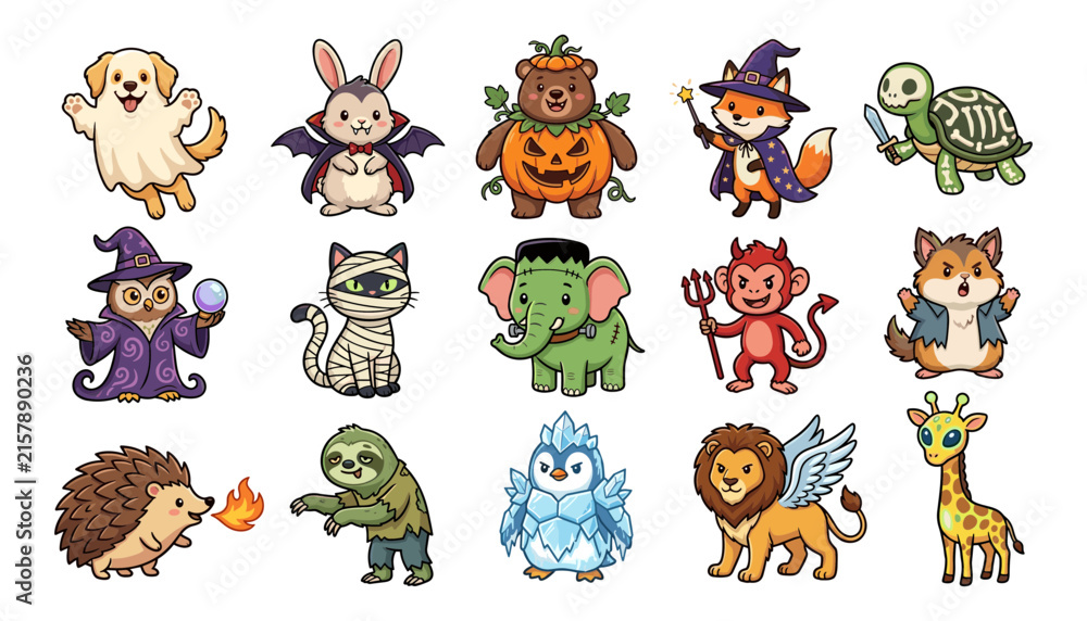 Naklejka premium Cute Halloween Animal Costume Vector Set with Ghost Dog, Bat Rabbit, Pumpkin Bear, Witch Fox and Spooky Creatures