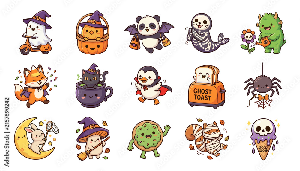 Fototapeta premium Cute Halloween Kawaii Character Set with Animals, Ghost, Witch, Pumpkin, Skeleton, Mummy and Spooky Treats