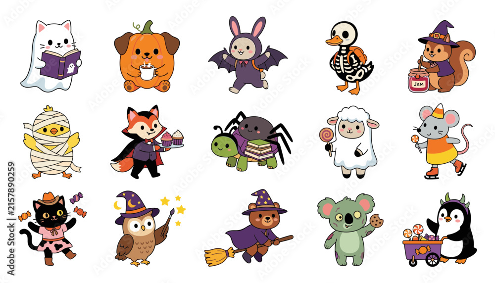 Obraz premium Cute Halloween Animal Character Icon Set with Witch Costumes, Pumpkin, Bat, Ghost, Owl and Trick or Treat Illustrations