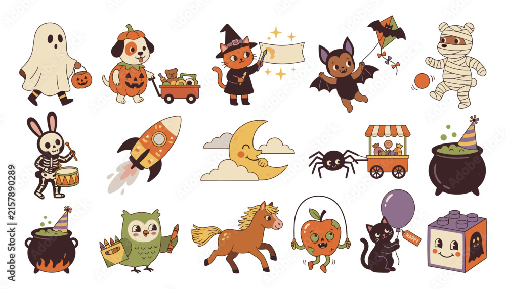 Obraz premium Cute Halloween Animal Character Set with Ghost, Witch Cat, Pumpkin Dog, Bat, Mummy, Skeleton and Spooky Creatures
