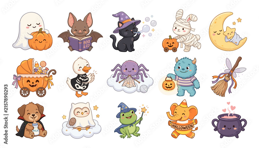 Obraz premium Cute Halloween Kawaii Animal Character Set with Ghost, Pumpkin, Witch Cat, Mummy Bunny, Frog Wizard and Spooky Creatures
