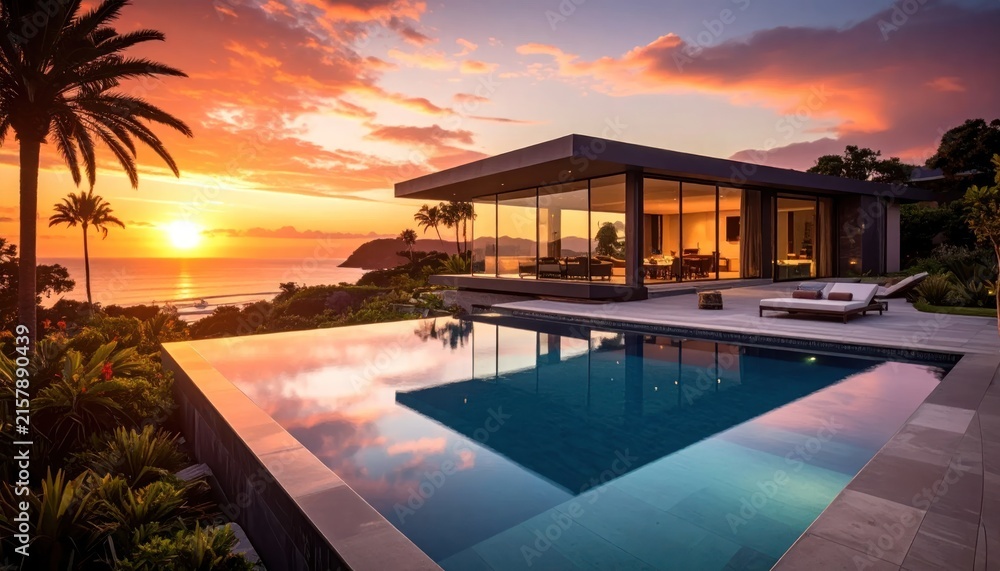 Fototapeta premium Modern luxury villa with infinity pool at sunset coastal landscape