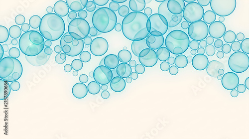 Abstract blue translucent spheres floating on light background in scientific pattern design