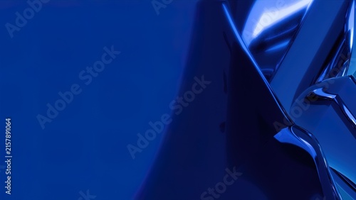 Abstract liquid chrome background with deep blue metallic waves and glossy reflections.
