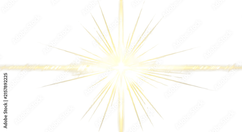 Fototapeta premium Golden Starburst Optical Flare Effect Element Isolated on a Transparent Background for Cinematic Design and Digital Lighting Enhancement