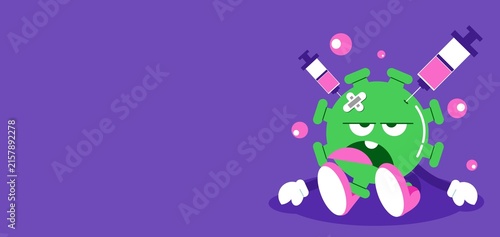 Cute Virus Character Receiving Vaccine Injection On Purple Background