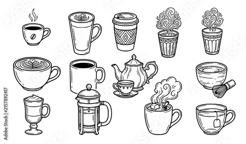 Coffee tea espresso latte cappuccino hot drinks hand drawn doodle vector collection