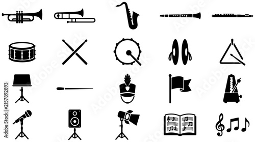 Set of black silhouette icons representing marching band instruments and musical equipment on white background