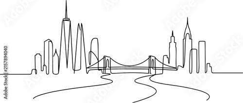 One Line Continuous Cityscape Drawing, Minimalist Urban Skyline Line Art, Modern Architecture Illustration, Hand Drawn City Panorama Design