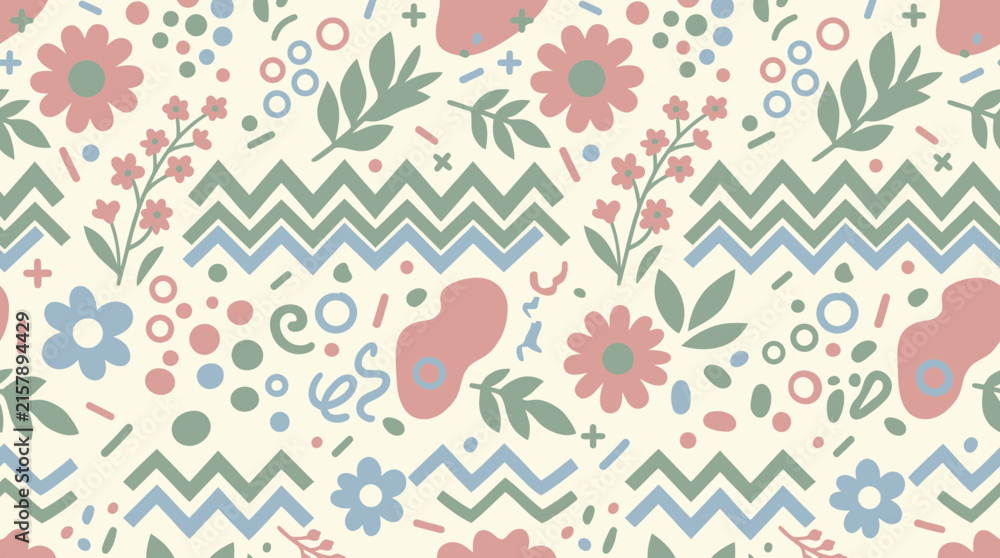 Naklejka premium Abstract Floral Pattern Seamless Design, Pastel Colors, Playful Elements