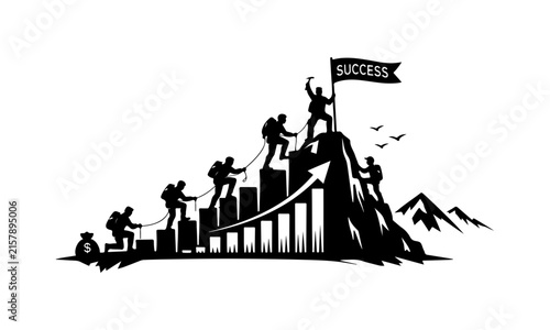 Mountain expedition where climbers ascend a bar graph toward a flag labeled success