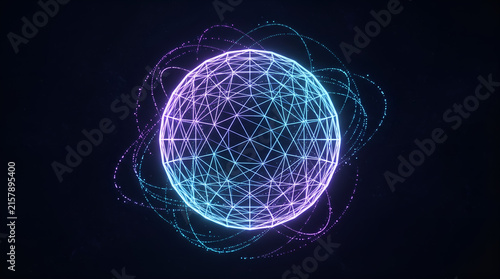 Glowing blue and purple neon wireframe sphere with orbiting particle trails on black background