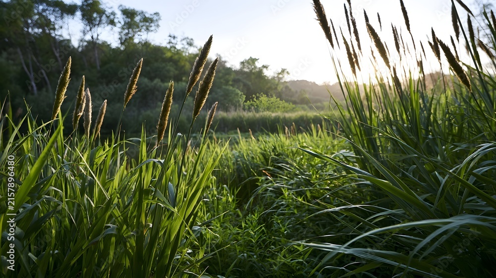 Fototapeta premium Sunlight filters through tall grasses at dawn or dusk highlighting green blades and seed heads against a soft background of trees