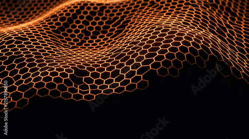 Abstract glowing orange hexagon grid forming a wave pattern on dark background