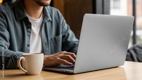 Young man working on a laptop at a cafe table with a coffee cup