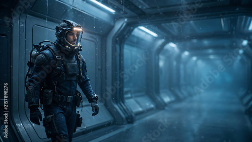 Astronaut explorer walking through a futuristic spaceship corridor in deep space sci fi cinematic atmosphere