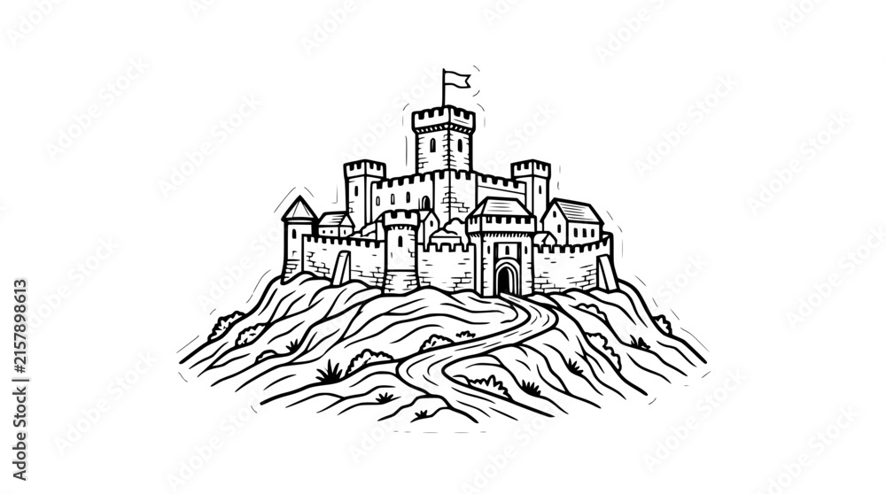 Fototapeta premium Medieval Stone Castle on a Hill Vintage Hand Drawn Line Art Illustration