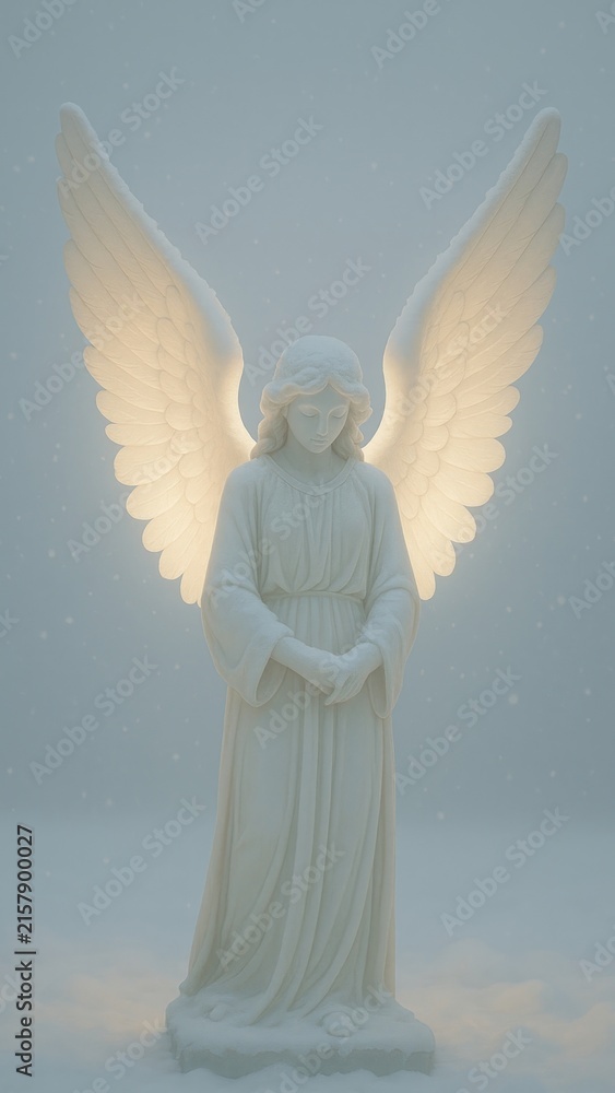 Naklejka premium Serene angel statue in snow mobile wallpaper