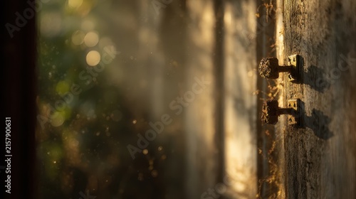 Two aged door knobs in warm sunlight.