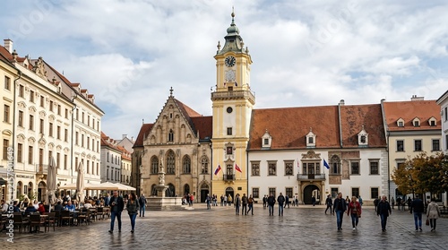 Bratislava’s Old Town Hall, featuring the Town Hall buildings and the clock tower at the Main City Square in the historic district, Slovakia