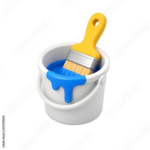 paint bucket with a paint brush resting inside 3d rendering isolated on white background plastic style icon