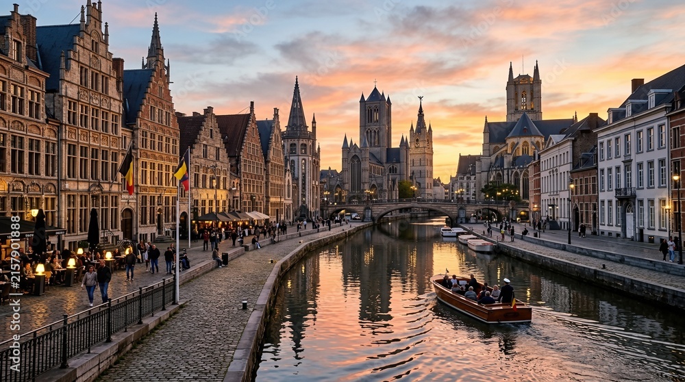 Naklejka premium Ghent, Belgium's historic city, glows at sunset