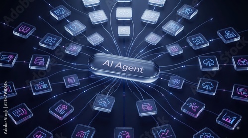 A Centralized AI Agent Connected To Multiple Data Nodes Through Glowing Fiber Optic