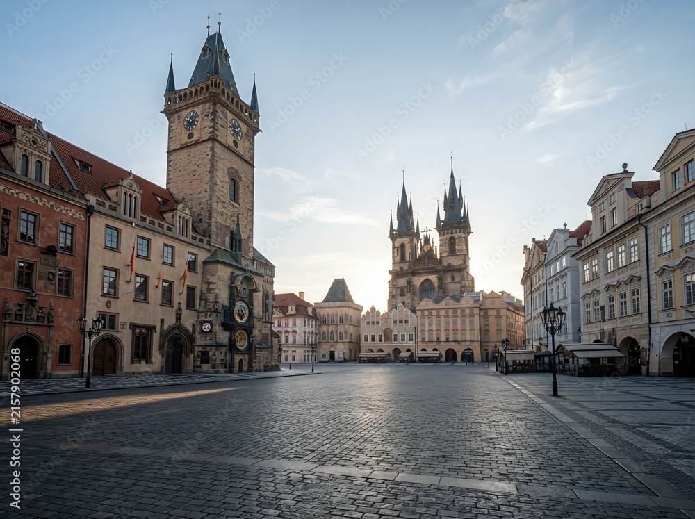 Naklejka premium In Prague’s Old Town Square, the city lies deserted at sunrise, with no people amid the historic Gothic architecture and the renowned Astronomical Clock Tower, creating a stunning urban tableau