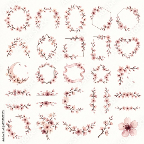 Pink Cherry Blossom Floral Frames, Wreaths, Borders and Decorative Branches Collection