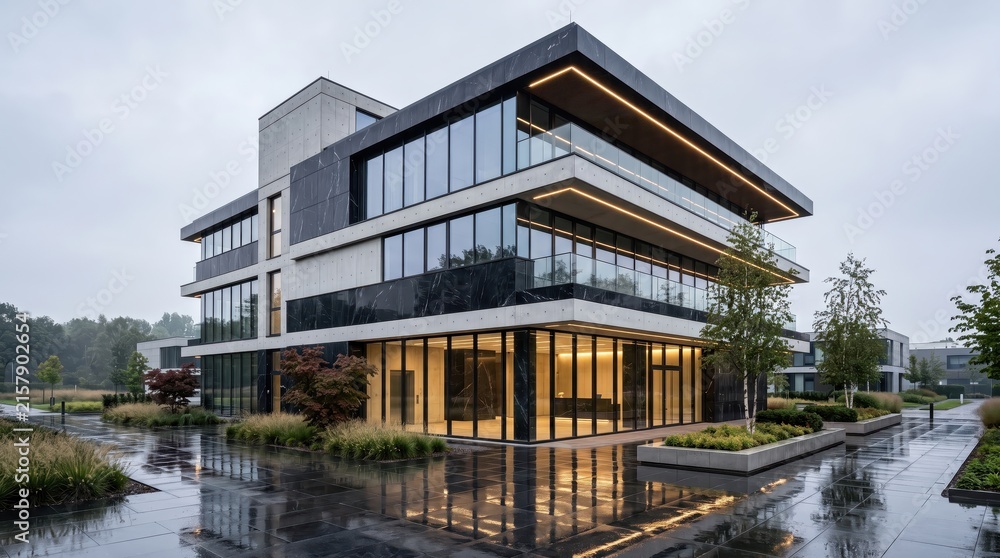 Fototapeta premium Low angle view of modern glass commercial building exterior after rain on cloudy day
