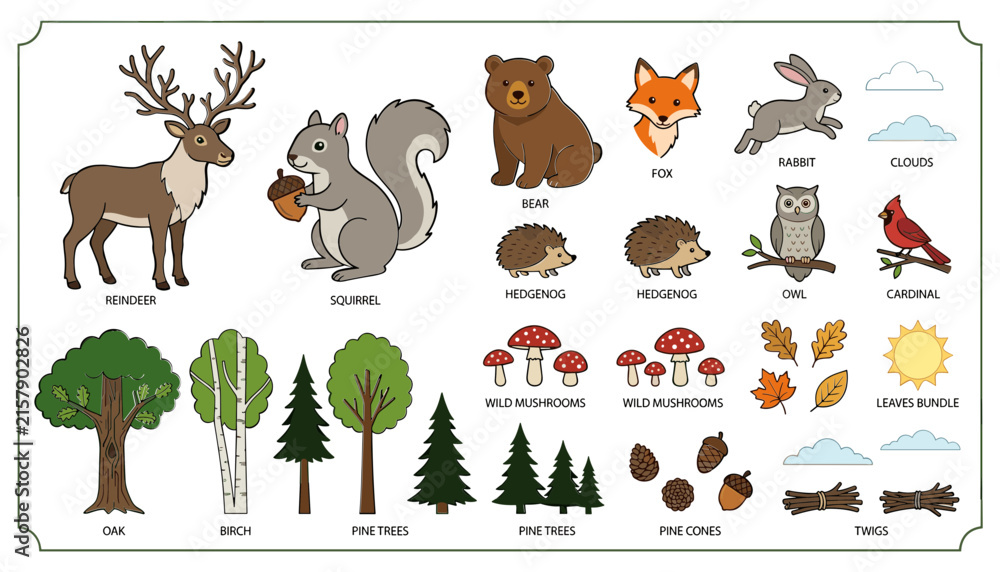 Fototapeta premium Woodland Wildlife Animal and Nature Elements Collection with Reindeer Squirrel Bear Fox Rabbit Owl Cardinal Trees Mushrooms Pinecones Leaves and Twigs