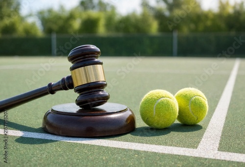 Wooden gavel rests on tennis court beside balls, symbolizing sports law, justice, fair play, arbitration, competition rules, penalties, and dispute resolution.