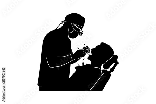 Silhouette of dentist treating patient in dental chair.