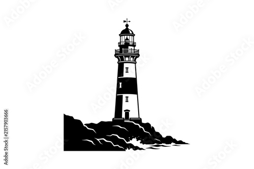 Black and white lighthouse silhouette with rocky ocean waves.