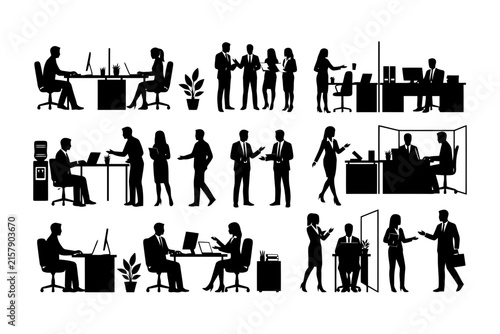 Silhouettes of diverse office environment with professionals interacting.