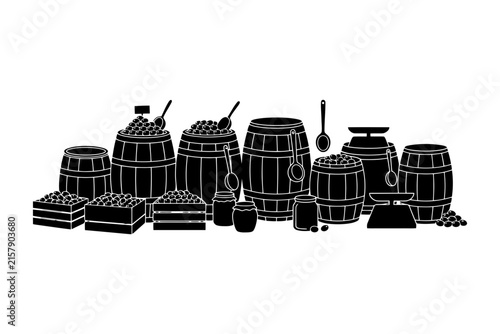 Silhouette of barrels and boxes with spices and weighing scale.