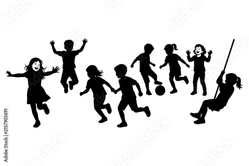 Silhouette of diverse children playing with joy and laughter.