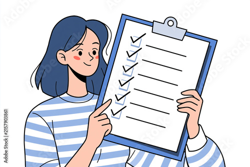 Smiling Young Woman Confidently Holding a Clipboard with a Completed Checklist, Illustrating Task Management, Planning, and Achievement in a Simple, Modern Style