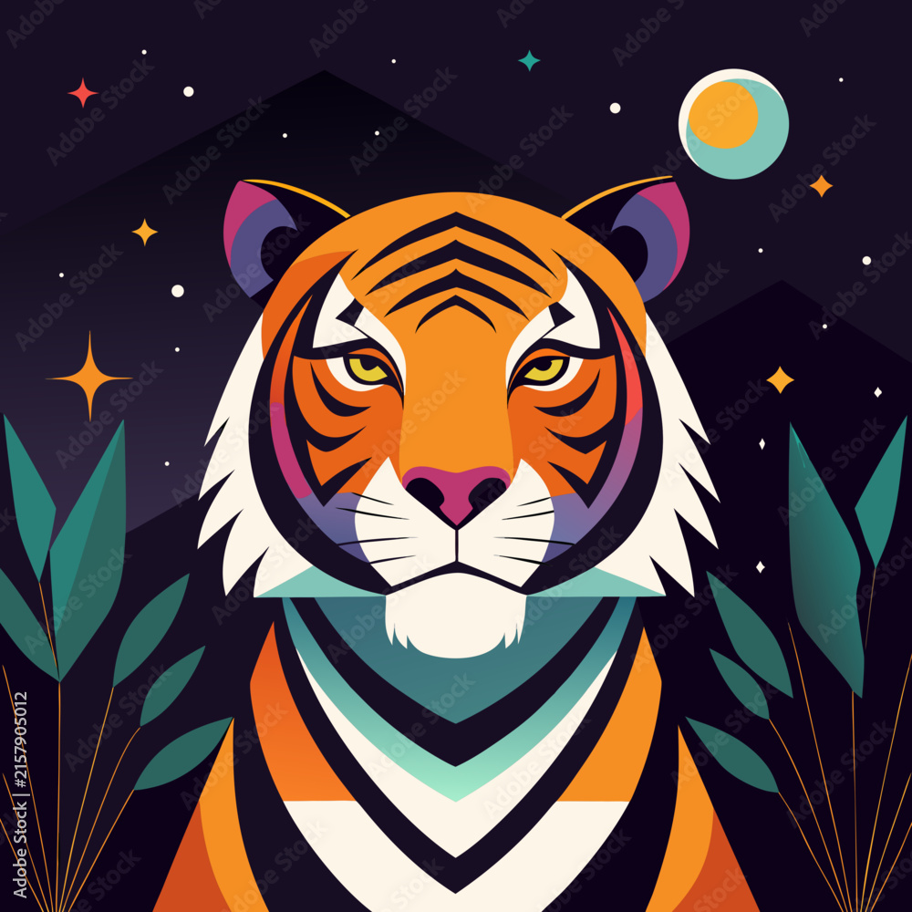 Fototapeta premium Cute stylized tiger looking at the moon