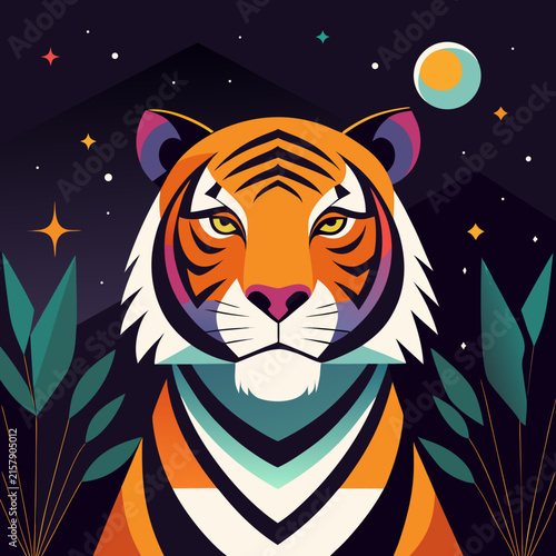 Cute stylized tiger looking at the moon