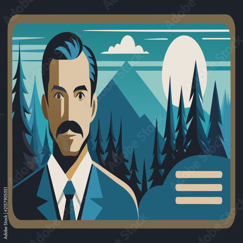 Smiling man in suit with mustache in forest background