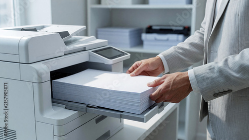 Office worker refilling paper into printer in office, business operations and administrative efficiency