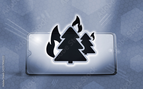 Canvas Print Smartphone 3D con icono de incendio forestal en la pantalla, concepto de desastr