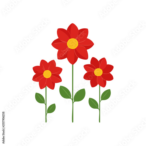 Three Red Flowers with Green Leaves Vector Illustration