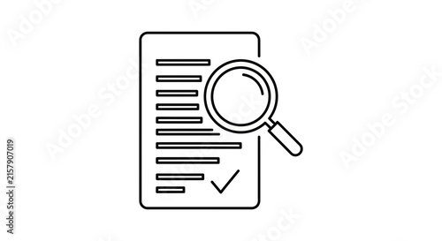 Magnifying glass over document with checkmark, symbolizing research, analysis, and verification