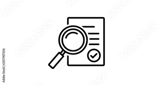 Magnifying glass over document with checkmark, symbolizing research, verification, and analysis