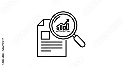 Magnifying glass over document with growth chart and optimization text, business analysis concept